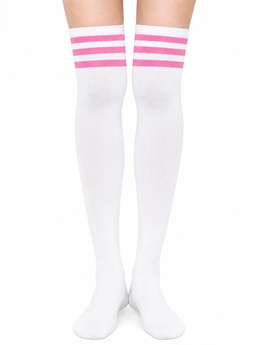 White & Pink Striped Thigh High Over the Knee Socks